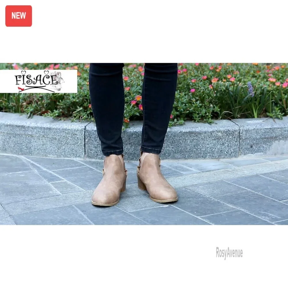 Ruffled V-Cut Ankle Boots Pointed Toe Chunky Low Heel Western Booties